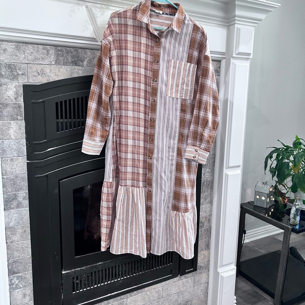Umgee Patchwork Plaid & Stripe Shirt Dress in Brown and Cream